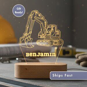 Personalized Excavator Night Light – Custom Toddler Room Lamp